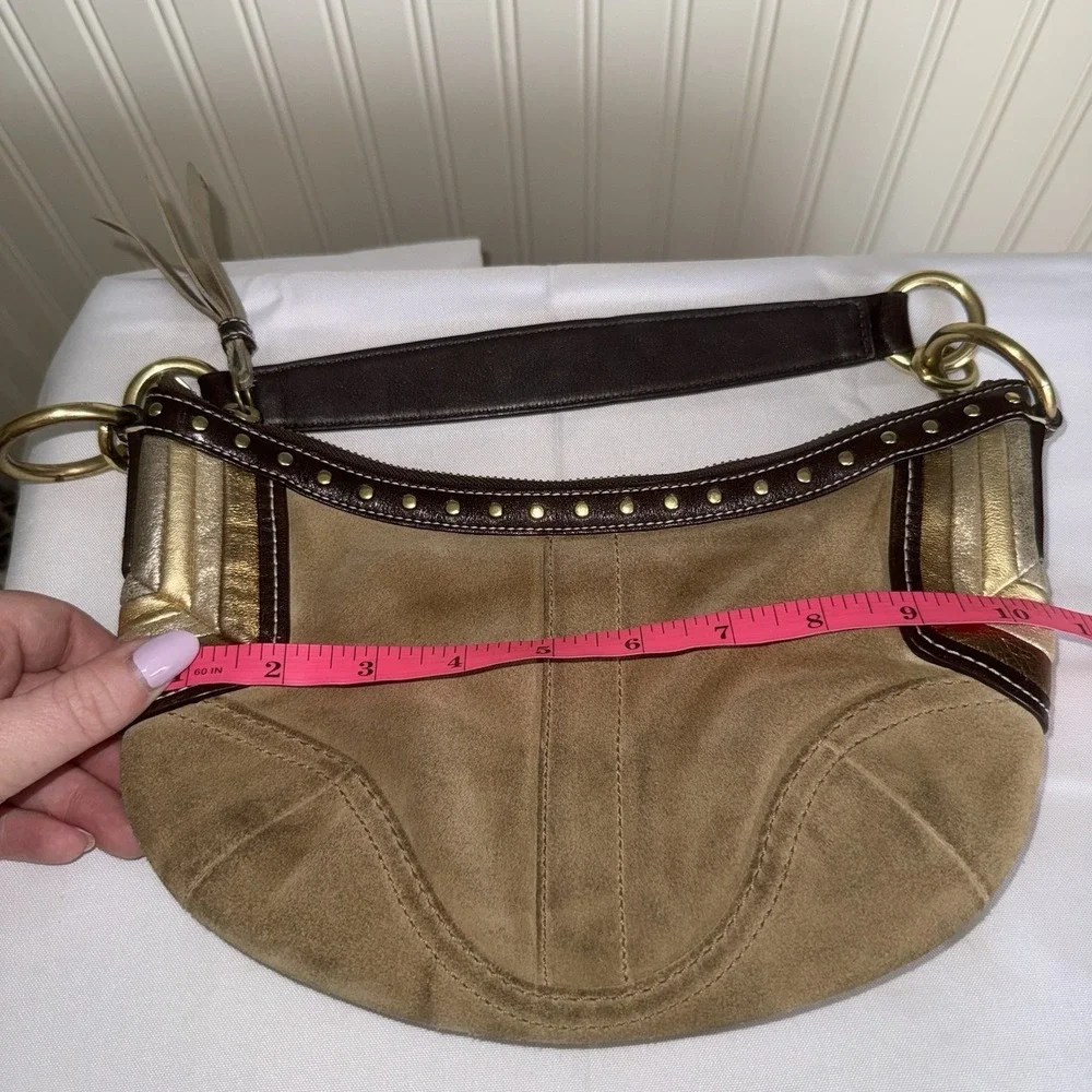Vintage Coach Brown Tan Suede Small Hobo Shoulder Bag Purse Metallic Accents